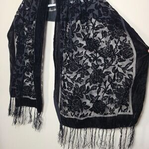 Black Floral Velvet Burnout Scarf Fringe Winter Whimsigoth Fairy Grunge Goth